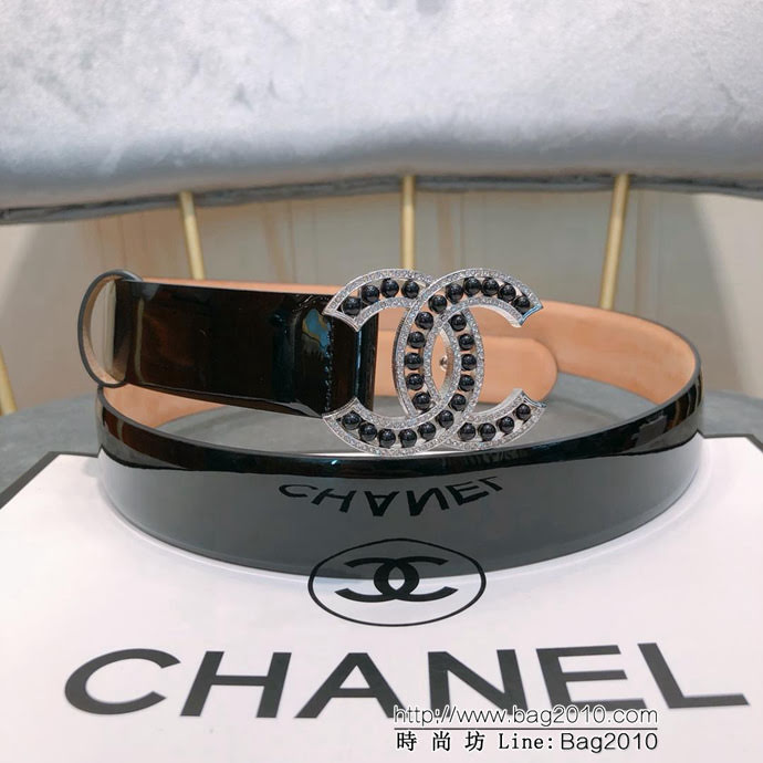 CHANEL香奈兒 18新款 30mm精品 CC珍珠滿鑽鏤空扣 樹膏底妖帶 網紅同款腰帶  xfp1161